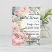 Invitation Aquarelle Bleu Pink Peonies Fête des mariées cadre (Debout devant)