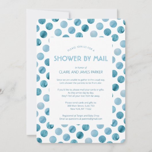 Invitation Aquarelle bleu Polka Baby shower par courrier (Devant)