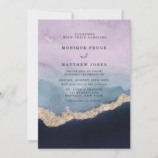 Invitation Aquarelle bleu pourpre Mariage or Agate (Devant)