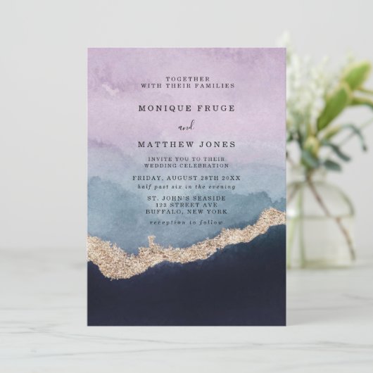Invitation Aquarelle bleu pourpre Mariage or Agate (Debout devant)