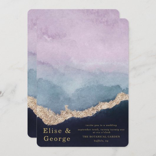 Invitation Aquarelle bleu pourpre Mariage or Agate (Devant / Derrière)