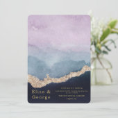 Invitation Aquarelle bleu pourpre Mariage or Agate (Debout devant)