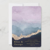 Invitation Aquarelle bleu pourpre Mariage or Agate (Devant)