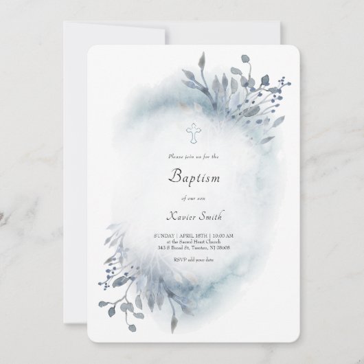 Invitation ・aquarelle bleu poussiéreuse Baptême bébé garçon (Devant)