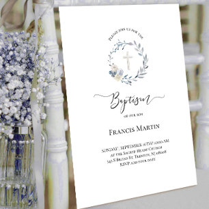 Invitation aquarelle bleu poussiéreux en couronne Baptême Inv
