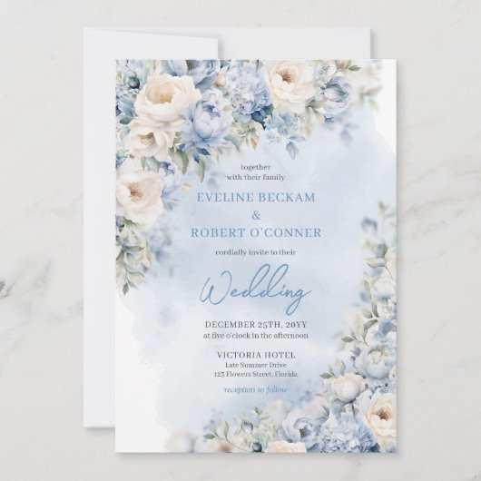 Invitation Aquarelle bleu poussiéreux et blanc mariage (Devant)