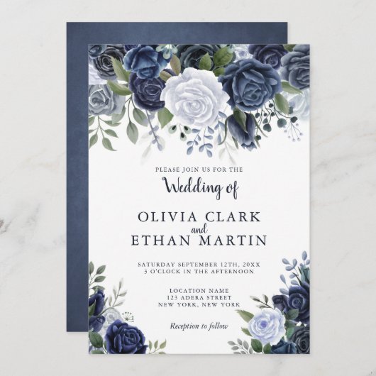 Invitation Aquarelle bleu poussiéreux Floral (Devant / Derrière)