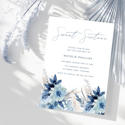 Invitation Aquarelle bleu poussiéreux Floraux doux 16 Anniver