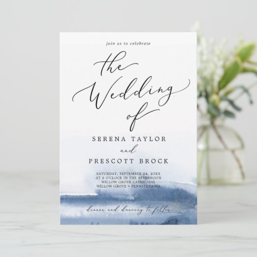 Invitation Aquarelle Bleu QR Détails Mariage (Debout devant)