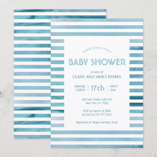 Invitation Aquarelle Bleu Rayures Baby shower simple