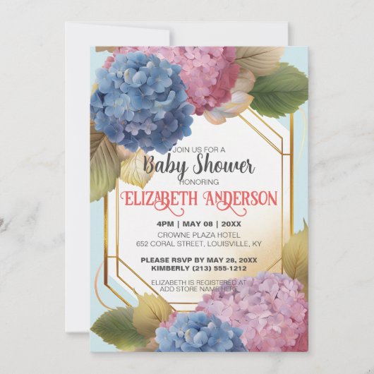 Invitation Aquarelle bleu rose Baby shower Hydrangea personna (Devant)