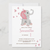 Invitation Aquarelle bleu rose bébé Eléphant 1er anniversaire (Devant)