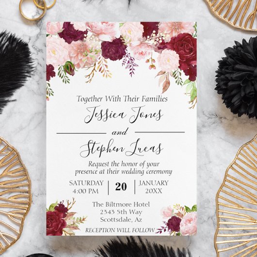 Invitation Aquarelle bleu rose bordeaux Floral Romantique