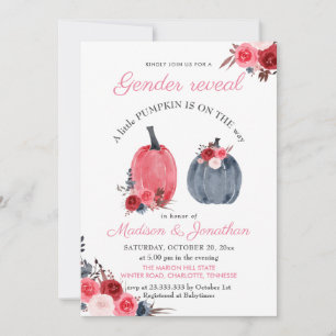 Invitation Aquarelle bleu rose Citrouille Roses Révélation de