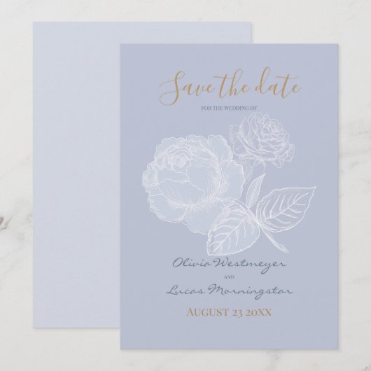 Invitation Aquarelle bleu Rose doré Dusty Enregistrer la date (Devant / Derrière)