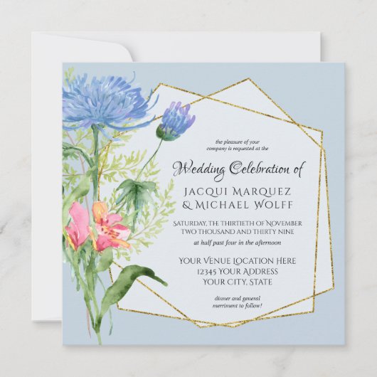 Invitation Aquarelle Bleu rose Élégant Floral n Fern Mariage (Devant)