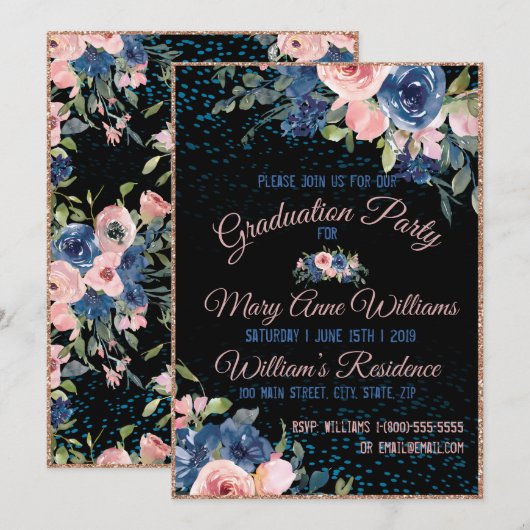 Invitation Aquarelle Bleu Rose Élégant Graduation Florale (Devant / Derrière)