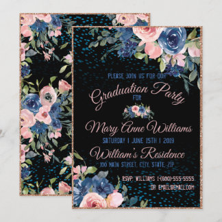 Invitation Aquarelle Bleu Rose Élégant Graduation Florale