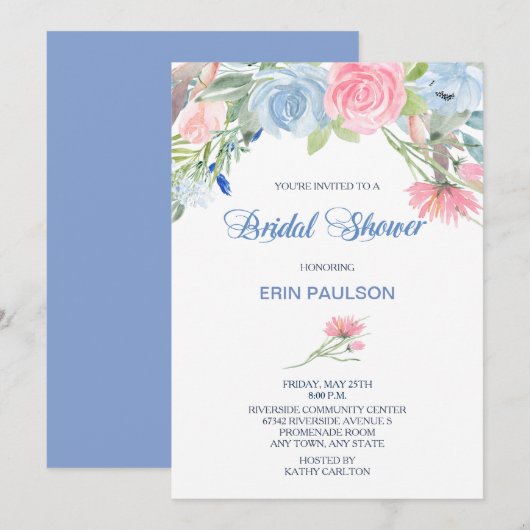 Invitation Aquarelle bleu rose Fête des mariées Floral Invita (Devant / Derrière)