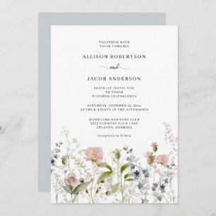 Invitation Aquarelle bleu rose Fleur sauvage Mariage Floral