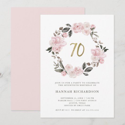 Invitation Aquarelle bleu rose floral | Anniversaire 70 ans (Devant / Derrière)