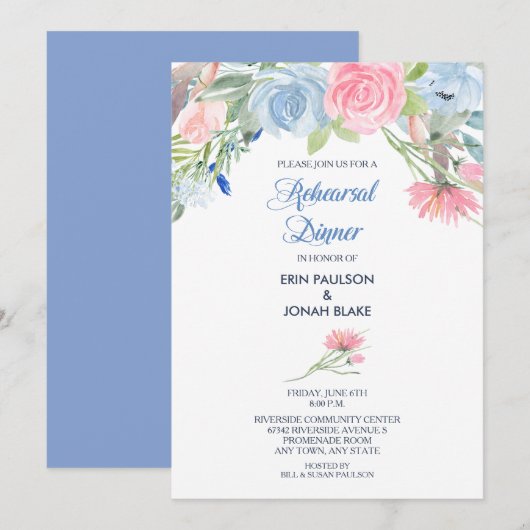 Invitation Aquarelle Bleu rose Floral Dîner de répétition (Devant / Derrière)