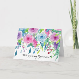 Invitation Aquarelle bleu rose Floral Soyez ma servante