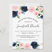 Invitation aquarelle bleu rose marine rose floral (Devant)