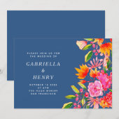 Invitation Aquarelle bleu rose orange Floral Simple Mariage (Devant / Derrière)