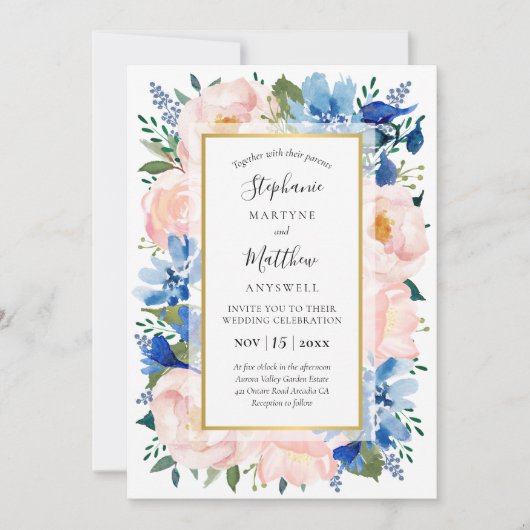 Invitation Aquarelle bleu rose pâle Floral Mariage or (Devant)