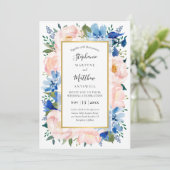 Invitation Aquarelle bleu rose pâle Floral Mariage or (Debout devant)