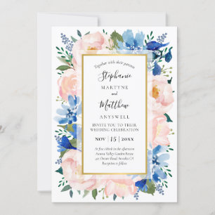 Invitation Aquarelle bleu rose pâle Floral Mariage or