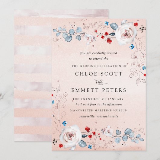 Invitation Aquarelle bleu rose pâleMariageFloral (Devant / Derrière)
