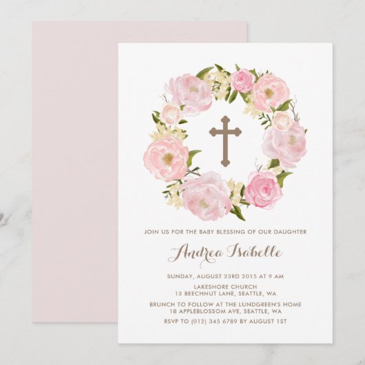 Invitation Aquarelle Bleu rose Peony Wreath Baby Blessing (Devant / Derrière)