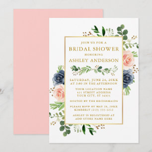 Invitation Aquarelle Bleu rose Roses Fête des mariées Or