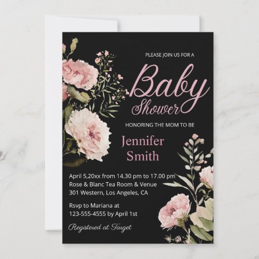 Invitation aquarelle bleu rose roses fille baby shower noir (Devant)