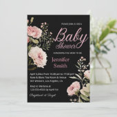 Invitation aquarelle bleu rose roses fille baby shower noir (Debout devant)