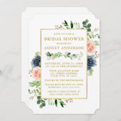 Invitation Aquarelle Bleu rose Roses Or Fête des mariées (Devant / Derrière)