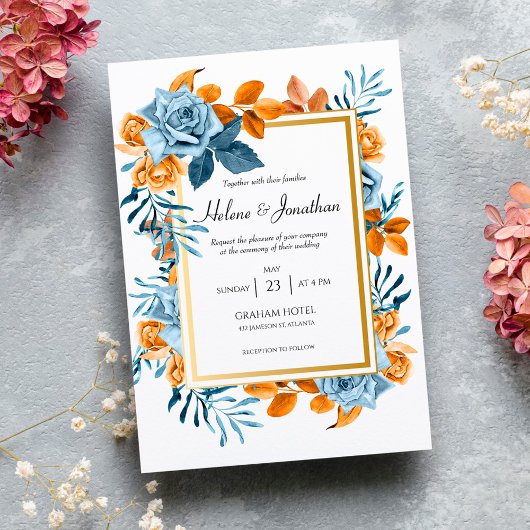 Invitation Aquarelle bleu rouille Floral Mariage élégant