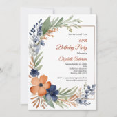 Invitation Aquarelle bleu rouille orange Floral 60e anniversa (Devant)