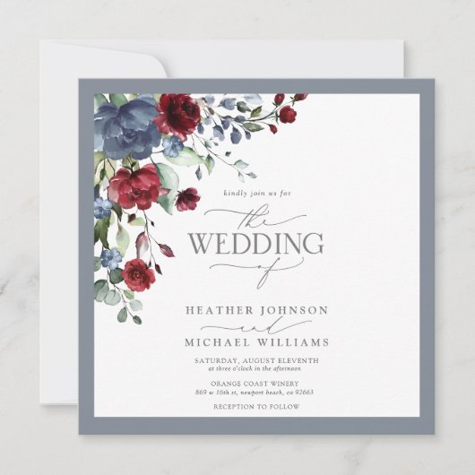 Invitation Aquarelle bleu roux bordeaux bleu foncé Script (Devant)