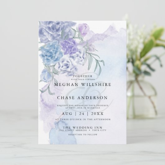 Invitation Aquarelle bleu rustique (Debout devant)