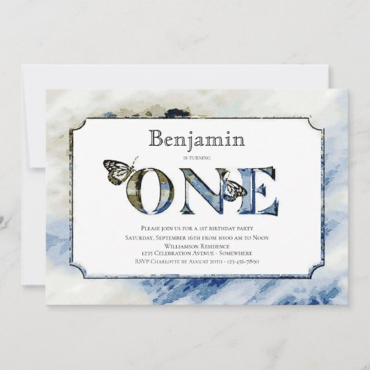 Invitation Aquarelle bleu rustique 1er anniversaire (Devant)