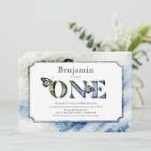 Invitation Aquarelle bleu rustique 1er anniversaire (Debout devant)