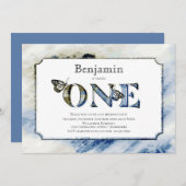 Invitation Aquarelle bleu rustique 1er anniversaire (Devant / Derrière)