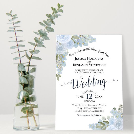 Invitation Aquarelle bleu rustique blanc foncé Mariage floral