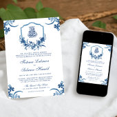 Invitation Aquarelle bleu rustique Floral Crest Mariage musul