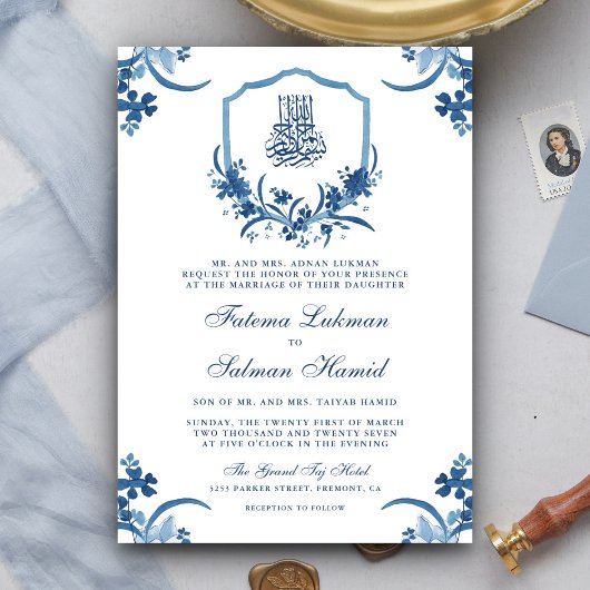 Invitation Aquarelle bleu rustique Floral Crest Mariage musul