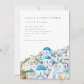 Invitation Aquarelle bleu Santorini QR Code Mariage (Devant)