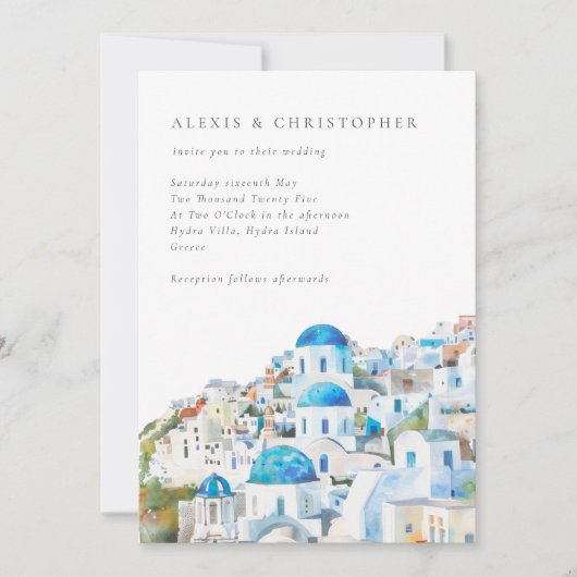 Invitation Aquarelle bleu Santorini QR Code Mariage (Devant)